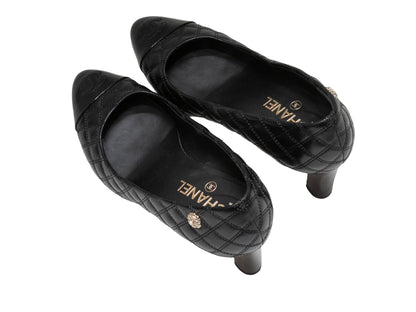 Black Chanel Quilted Pointed Cap-Toe Pumps Size 37.5