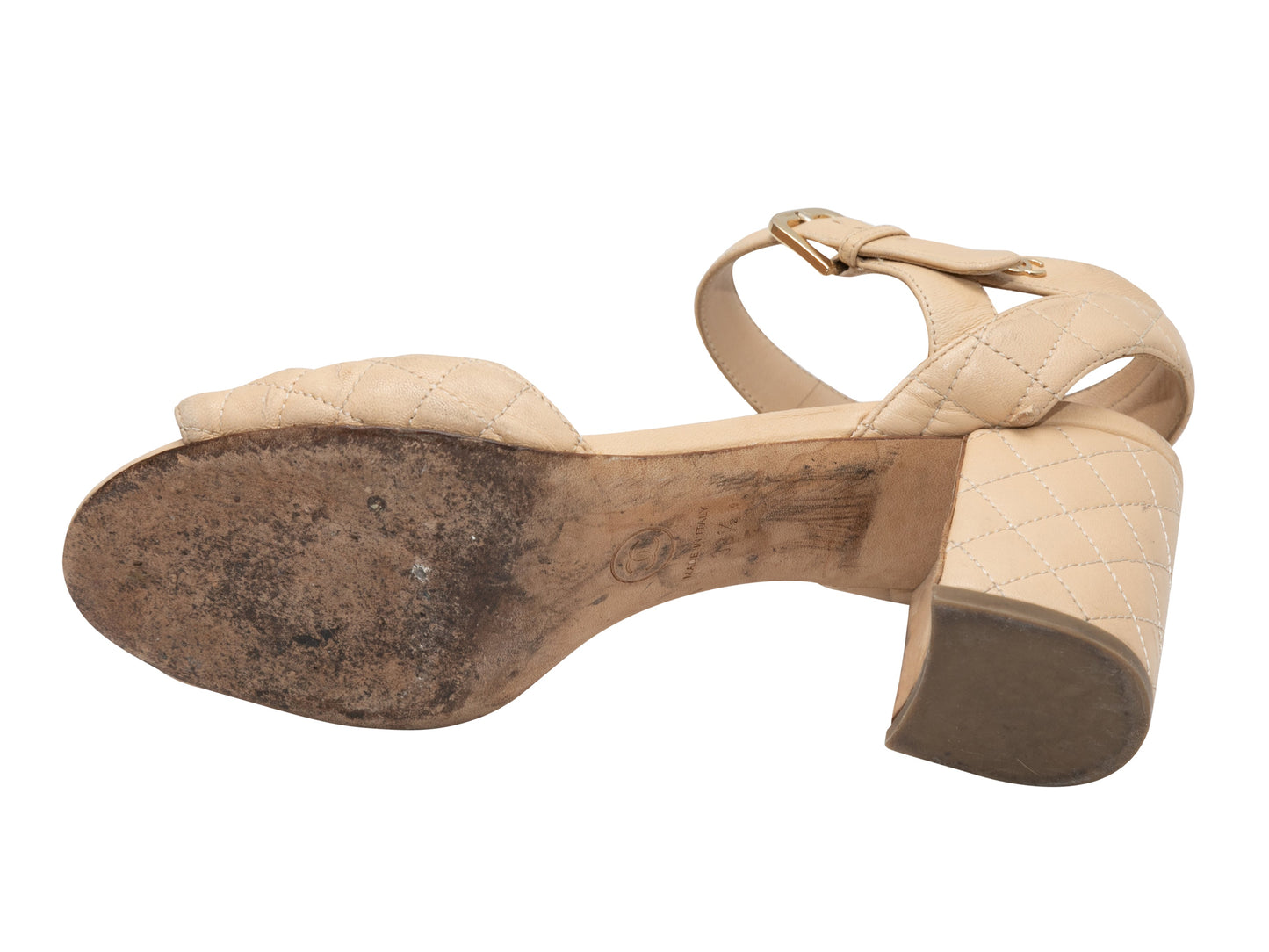 Beige Chanel Quilted Leather Block Heel Sandals Size 38.5