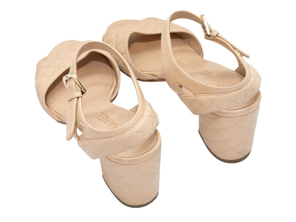 Beige Chanel Quilted Leather Block Heel Sandals Size 38.5