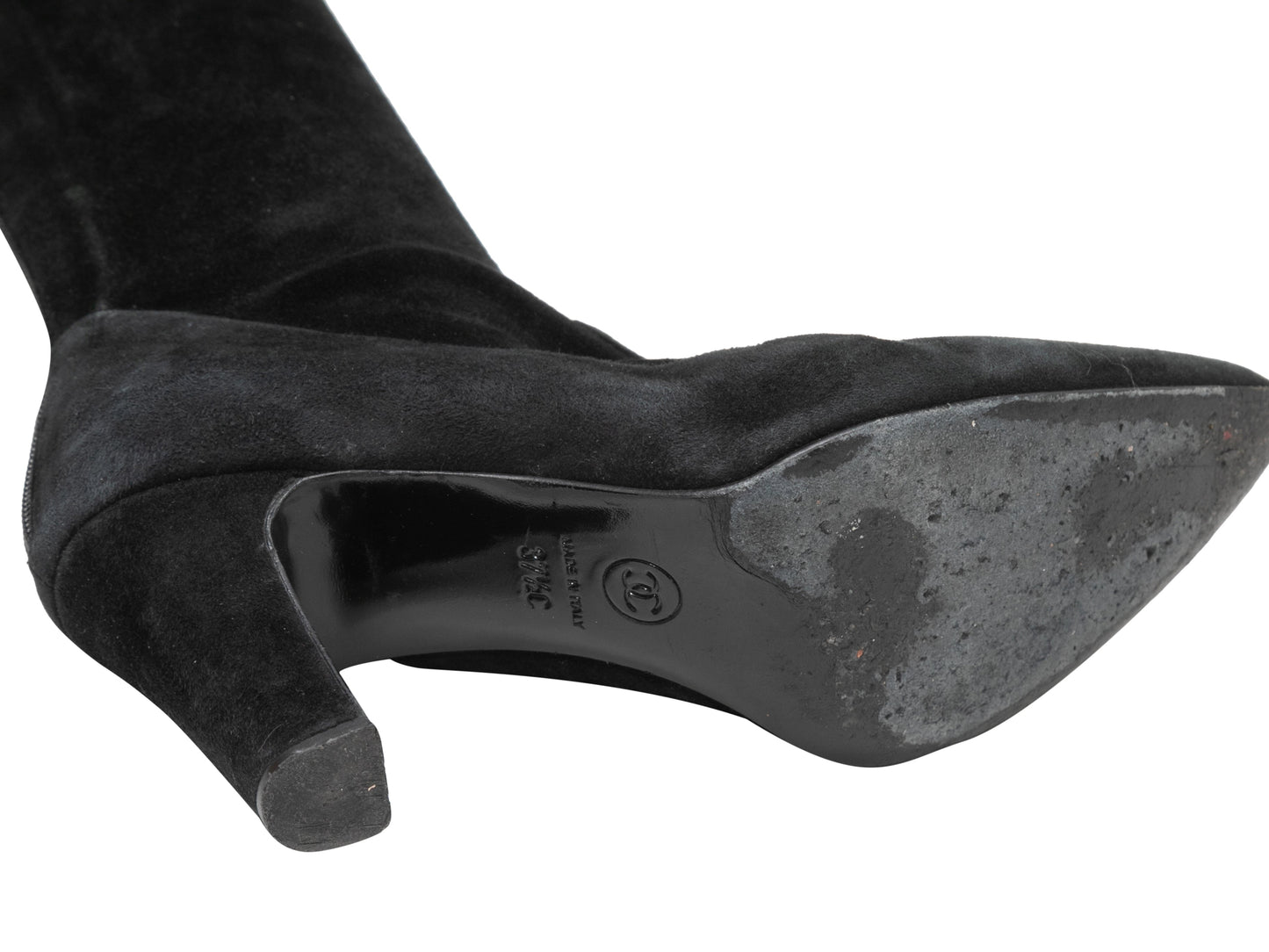 Black Chanel Suede & Leather Pointed-Toe Over-The-Knee Boots Size 37.5C