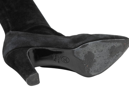 Black Chanel Suede & Leather Pointed-Toe Over-The-Knee Boots Size 37.5C