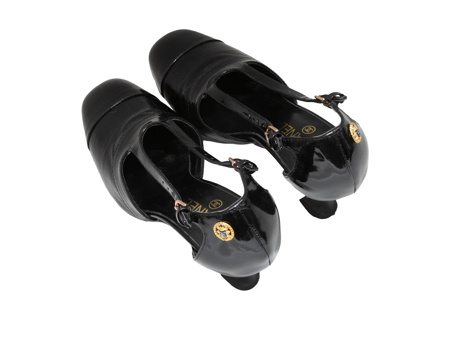 Black Chanel Patent & Embossed Leather Cutout Pumps Size 37