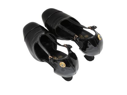 Black Chanel Patent & Embossed Leather Cutout Pumps Size 37