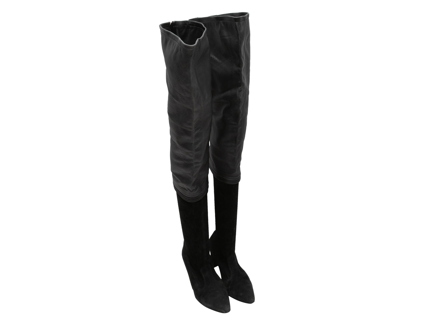 Black Chanel Suede & Leather Pointed-Toe Over-The-Knee Boots Size 37.5C