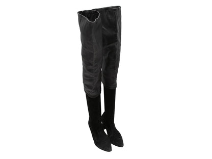 Black Chanel Suede & Leather Pointed-Toe Over-The-Knee Boots Size 37.5C