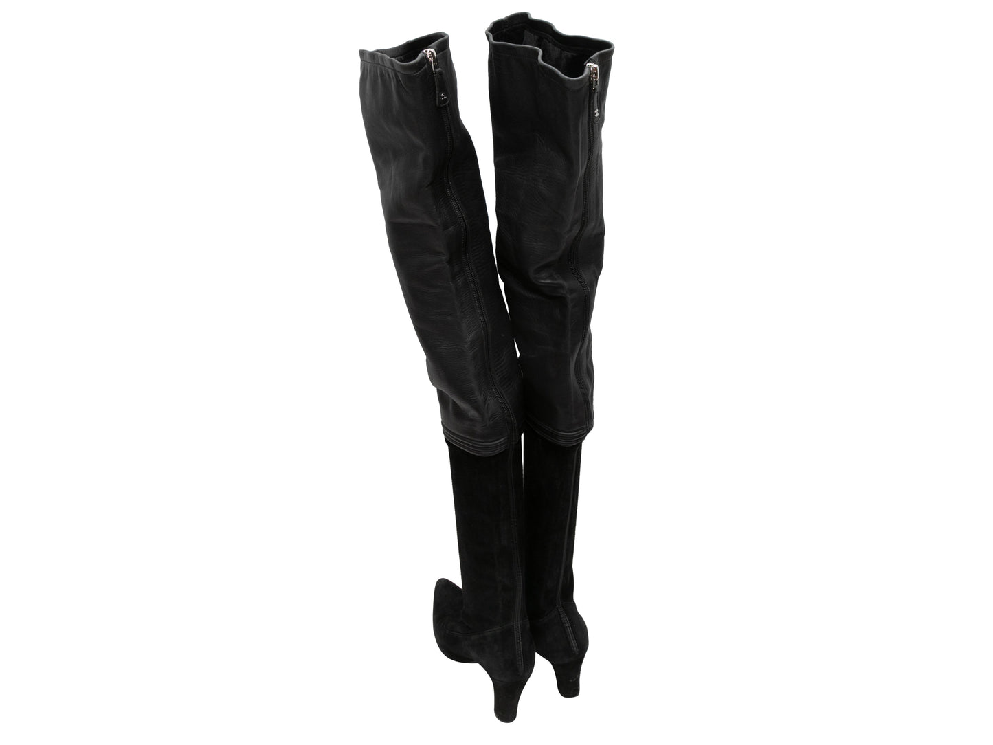 Black Chanel Suede & Leather Pointed-Toe Over-The-Knee Boots Size 37.5C