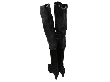 Black Chanel Suede & Leather Pointed-Toe Over-The-Knee Boots Size 37.5C