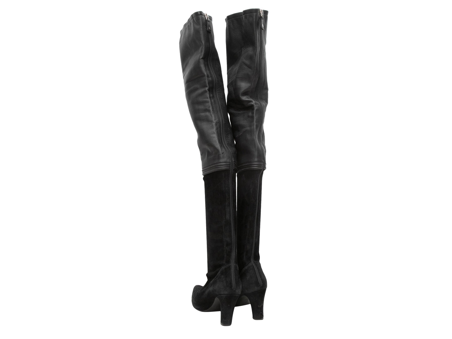 Black Chanel Suede & Leather Pointed-Toe Over-The-Knee Boots Size 37.5C
