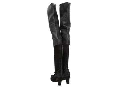 Black Chanel Suede & Leather Pointed-Toe Over-The-Knee Boots Size 37.5C