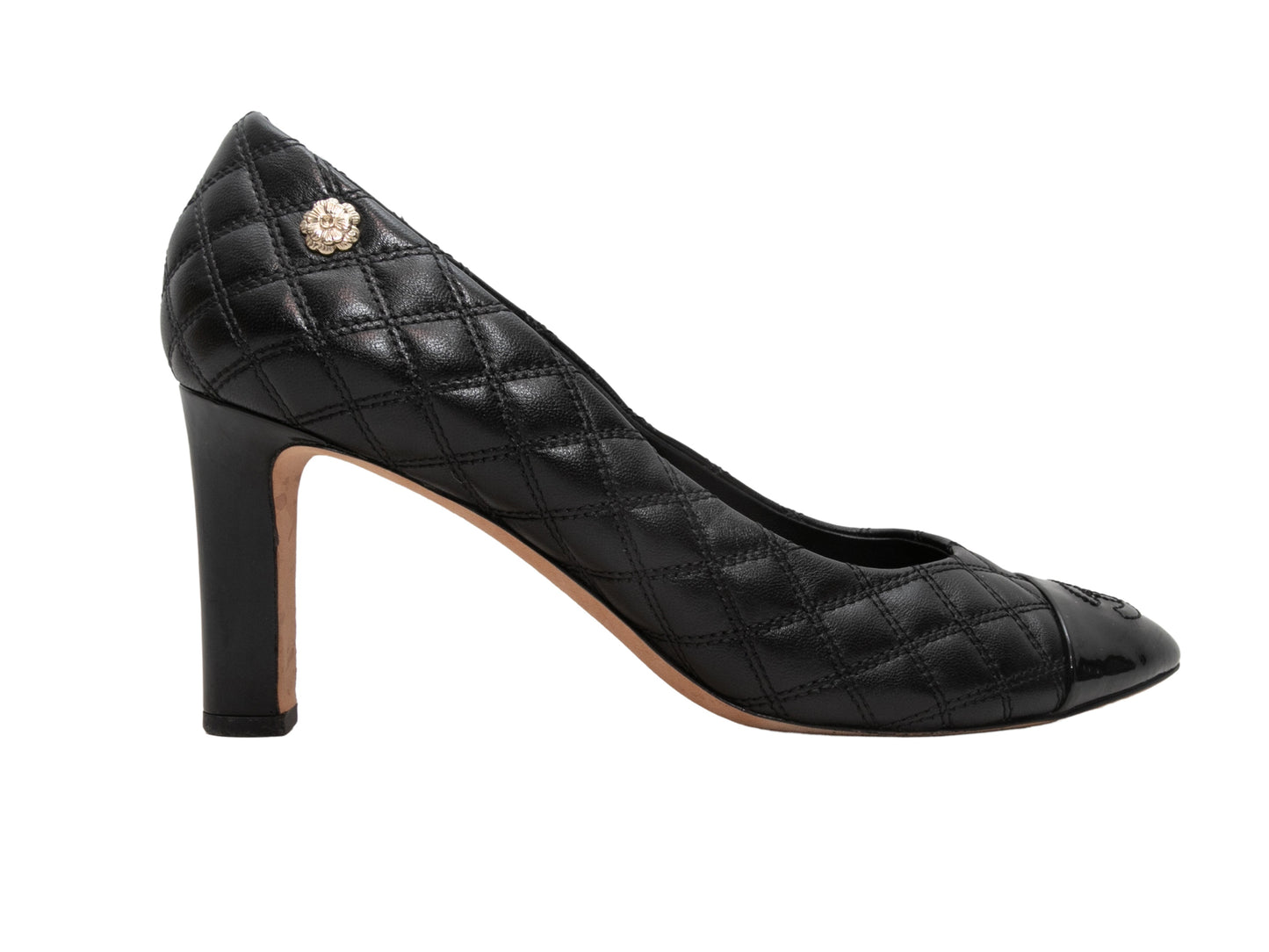Black Chanel Quilted Pointed Cap-Toe Pumps Size 37.5