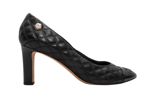 Black Chanel Quilted Pointed Cap-Toe Pumps Size 37.5