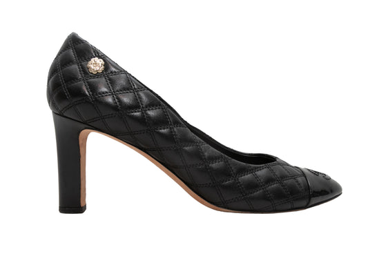 Black Chanel Quilted Pointed Cap-Toe Pumps Size 37.5