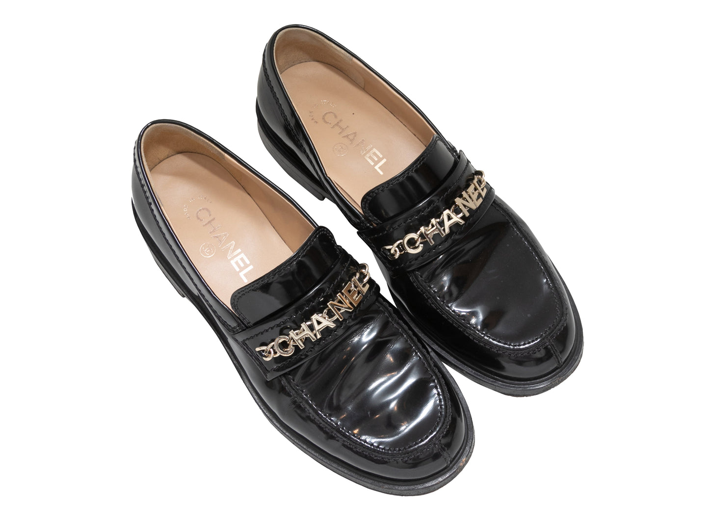 Black Chanel 2021 Patent Spellout Loafers Size 39.5