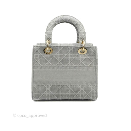 Christian Dior Medium Lady D-Lite Bag Gray Cannage Embroidery Gold Hardware