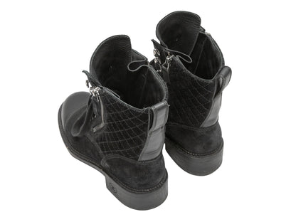 Black Chanel Quilted Suede Cap-Toe Combat Boots Size 35