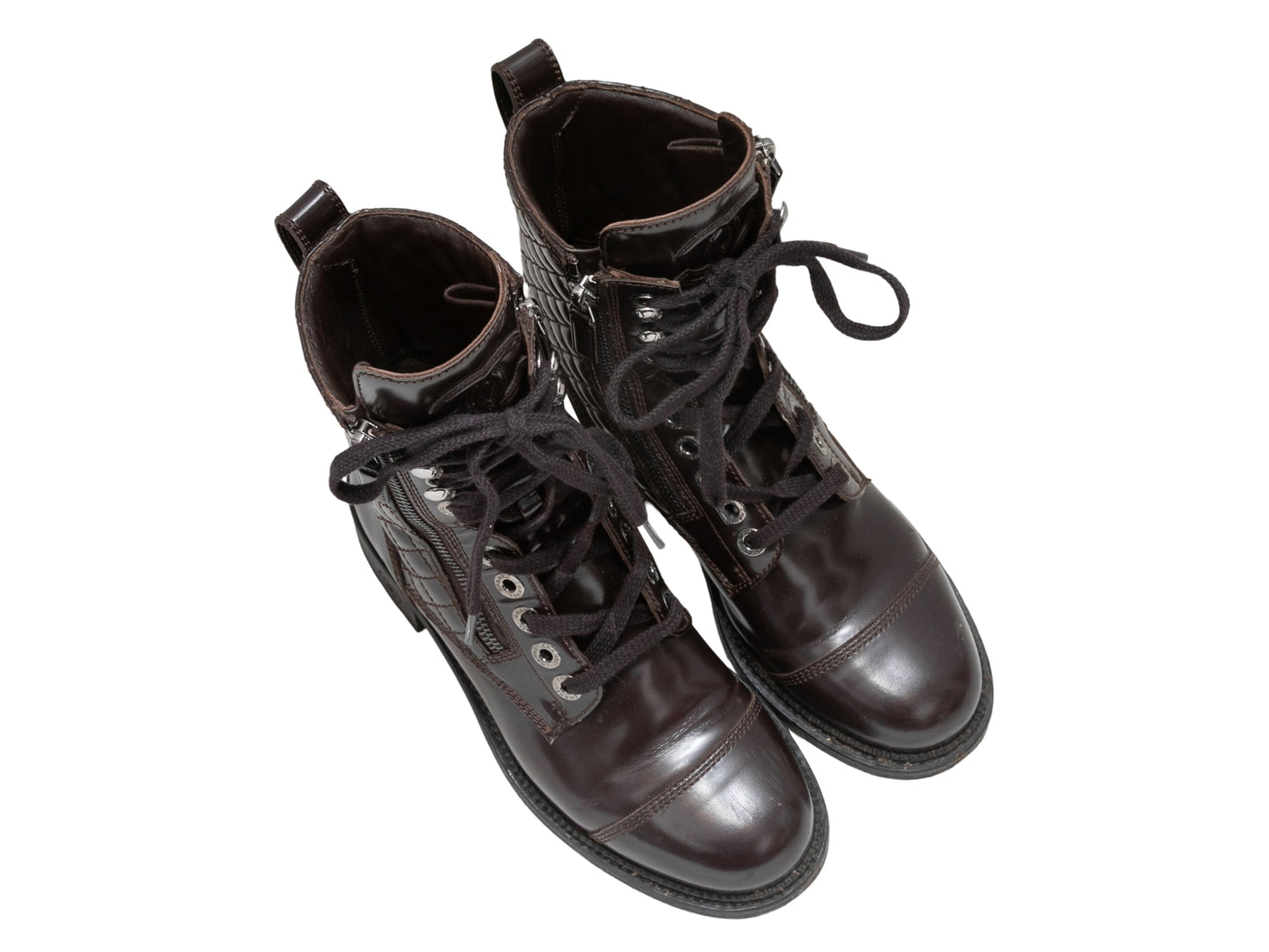 Brown Chanel Quilted Patent Combat Boots Size 36.5