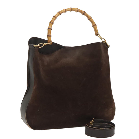 GUCCI Bamboo Shoulder Bag Suede Leather 2way Brown Gold  100190