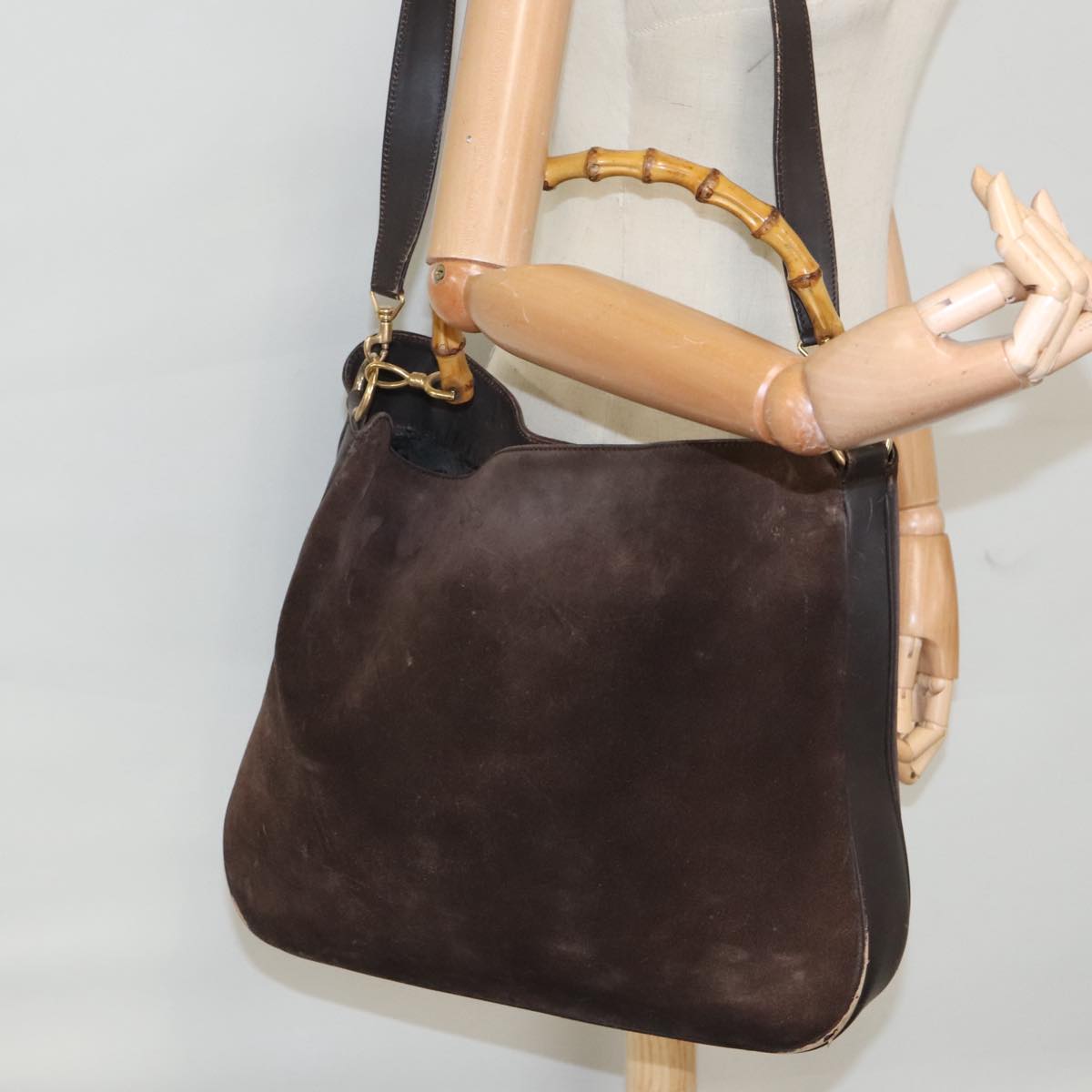 GUCCI Bamboo Shoulder Bag Suede Leather 2way Brown Gold  100190