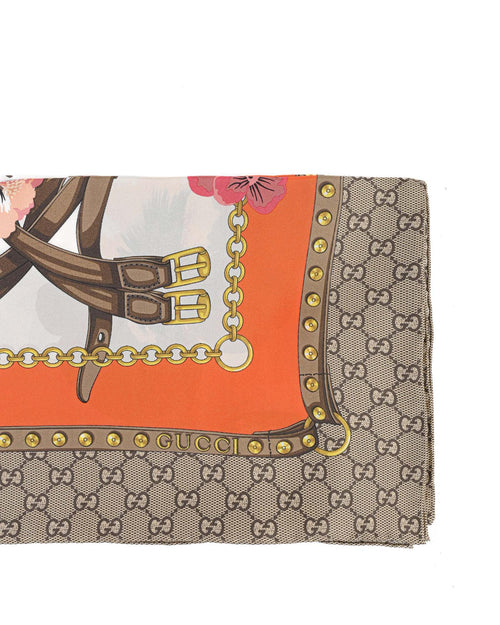 Gucci  GG Supreme Silk Scarf with Floral Print and Chain Belt Motif