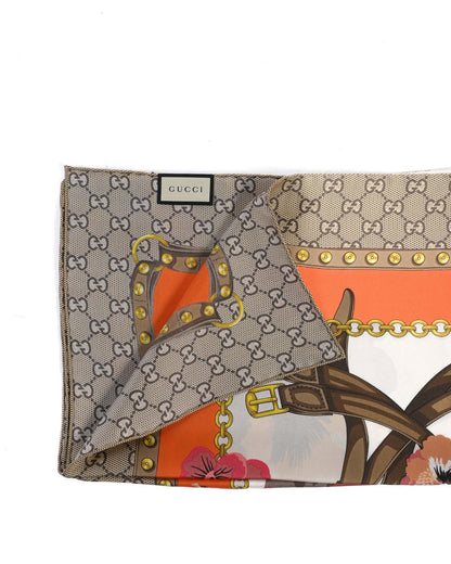 Gucci  GG Supreme Silk Scarf with Floral Print and Chain Belt Motif