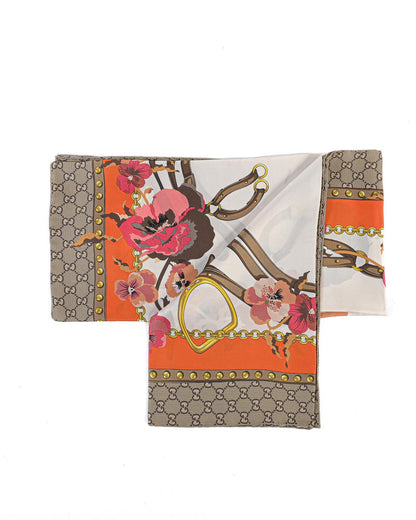 Gucci  GG Supreme Silk Scarf with Floral Print and Chain Belt Motif