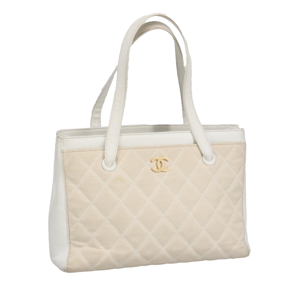 CHANEL Tote Bag Canvas Gold White CC 100722