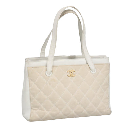 CHANEL Tote Bag Canvas Gold White CC 100722