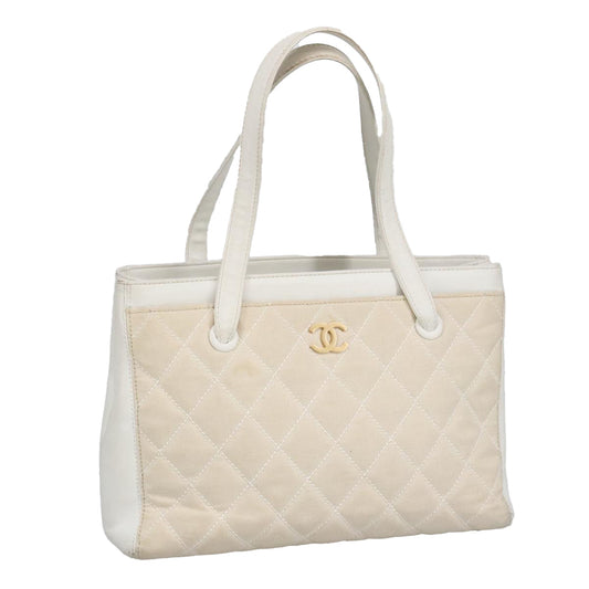 CHANEL Tote Bag Canvas Gold White CC 100722