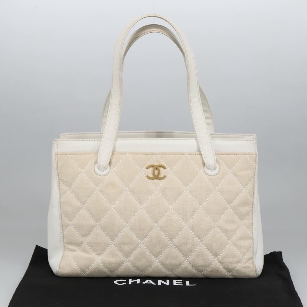 CHANEL Tote Bag Canvas Gold White CC 100722