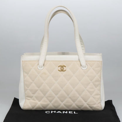 CHANEL Tote Bag Canvas Gold White CC 100722