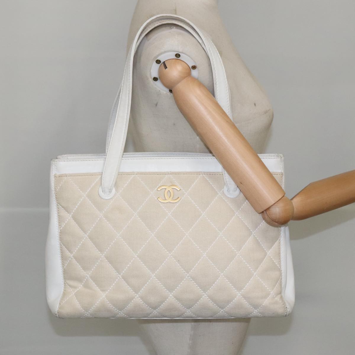 CHANEL Tote Bag Canvas Gold White CC 100722