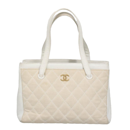 CHANEL Tote Bag Canvas Gold White CC 100722
