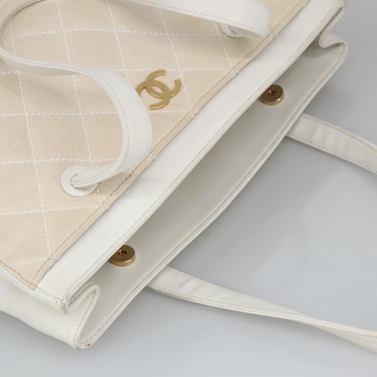 CHANEL Tote Bag Canvas Gold White CC 100722