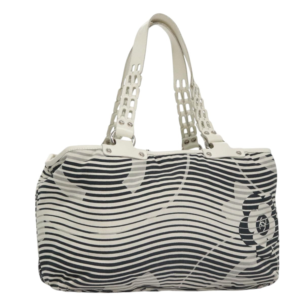 CHANEL Camelia Tote Bag Canvas White Black CC 101996
