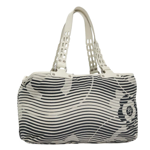 CHANEL Camelia Tote Bag Canvas White Black CC 101996