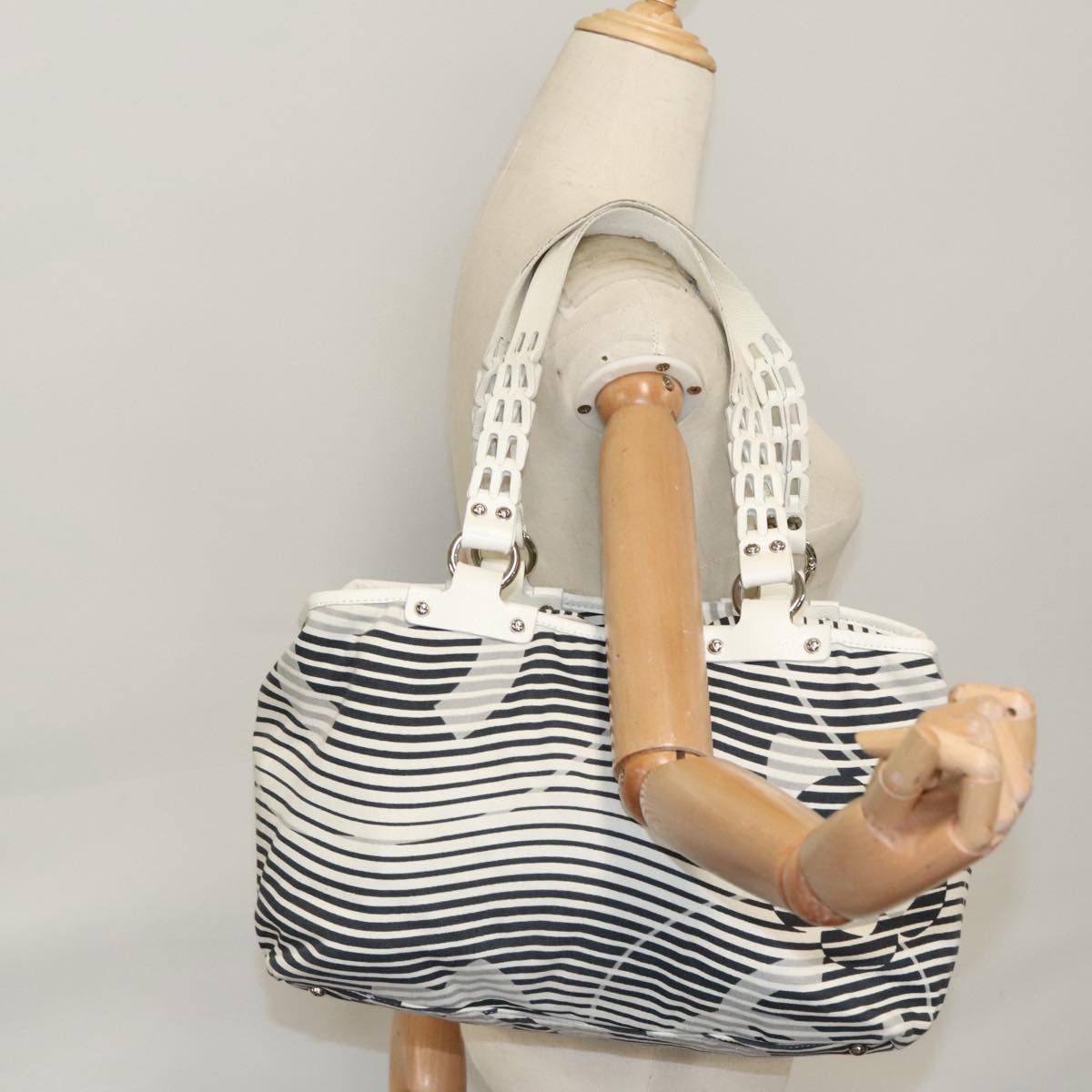 CHANEL Camelia Tote Bag Canvas White Black CC 101996