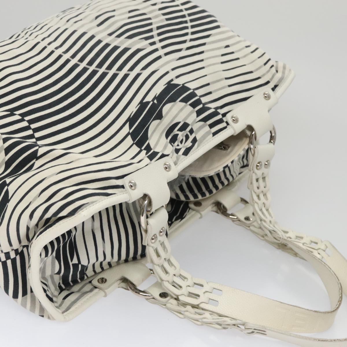 CHANEL Camelia Tote Bag Canvas White Black CC 101996