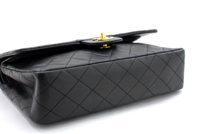 CHANEL Classic Double Flap 10" Chain Shoulder Bag Black Lambskin i68