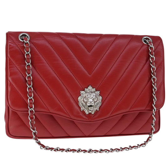 CHANEL V Stitch Chain Shoulder Bag Lamb Skin Red CC 102030A