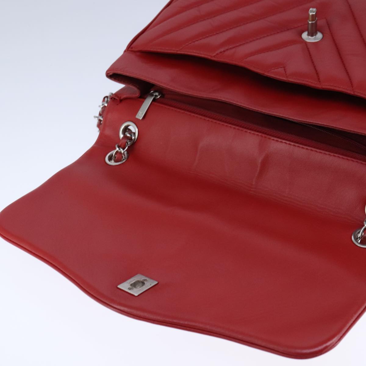CHANEL V Stitch Chain Shoulder Bag Lamb Skin Red CC 102030A