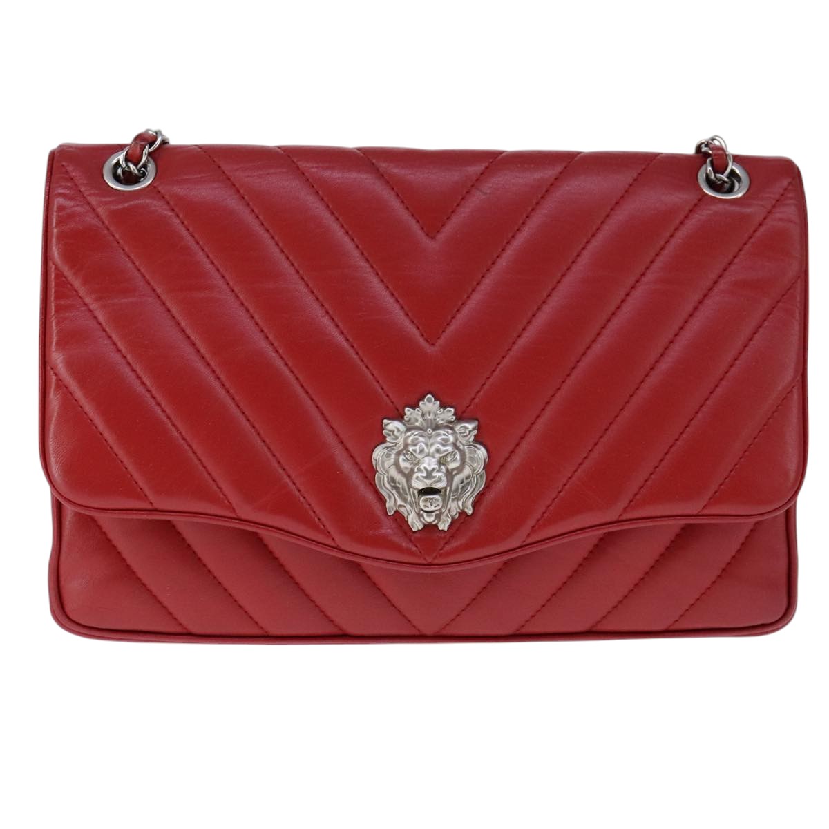 CHANEL V Stitch Chain Shoulder Bag Lamb Skin Red CC 102030A