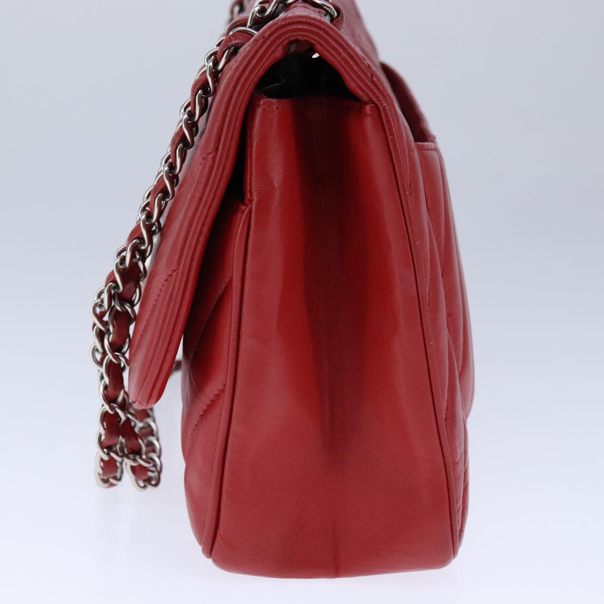 CHANEL V Stitch Chain Shoulder Bag Lamb Skin Red CC 102030A