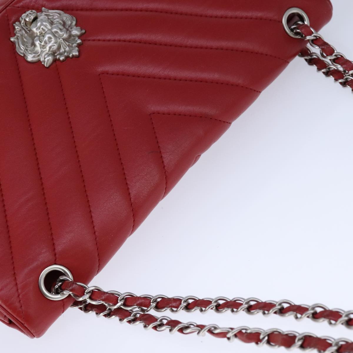 CHANEL V Stitch Chain Shoulder Bag Lamb Skin Red CC 102030A
