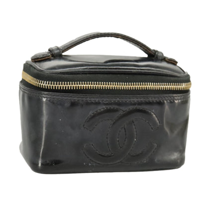 CHANEL Vanity Hand Bag Patent leather Black Gold CC 102205