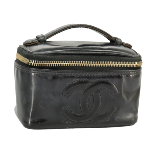 CHANEL Vanity Hand Bag Patent leather Black Gold CC 102205