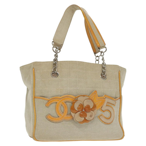 CHANEL Camelia Hand Bag Canvas Beige Silver CC 102317