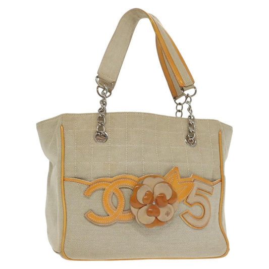 CHANEL Camelia Hand Bag Canvas Beige Silver CC 102317