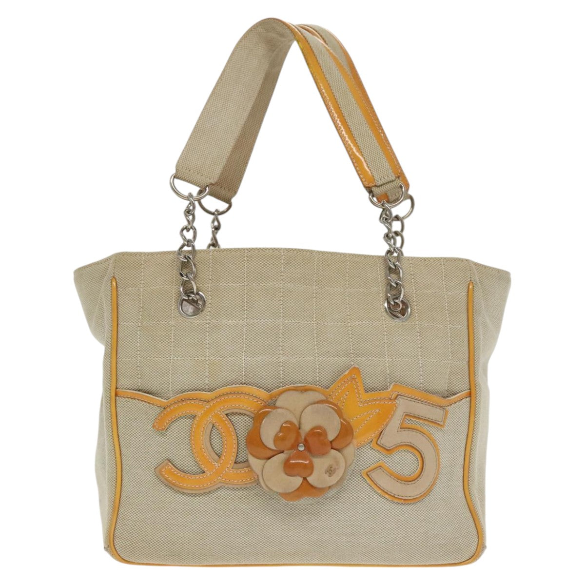 CHANEL Camelia Hand Bag Canvas Beige Silver CC 102317