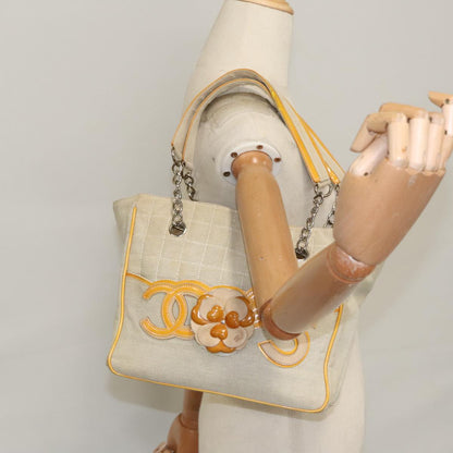 CHANEL Camelia Hand Bag Canvas Beige Silver CC 102317