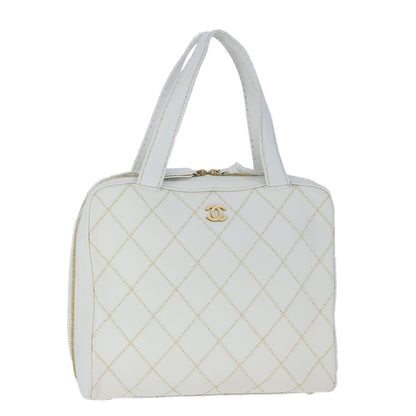 CHANEL Matelasse Wild Stitch Hand Bag Leather White Gold CC 102622